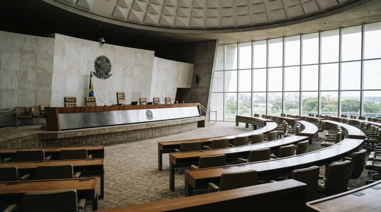 Fotografia de alta qualidade do plenário da Câmara dos Deputados vazio, com foco na mesa diretora e no design arquitetônico, luz natural entrando pelas janelas, estilo fotojornalís