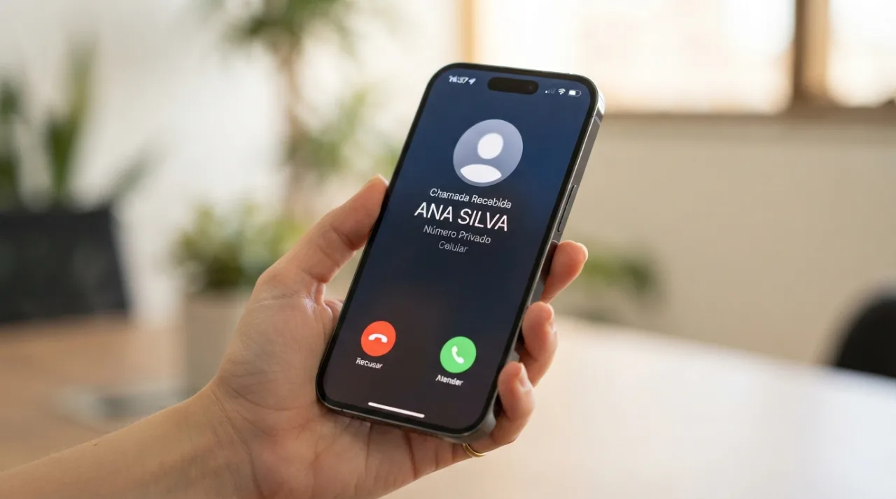 Fotografia em close de um smartphone moderno recebendo uma chamada, destacando a interface de identificação, iluminação profissional e fundo desfocado neutro.