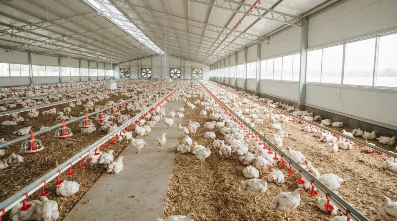 Granja avícola moderna e organizada em escala industrial, vista em tons realistas, foco na produção de proteína animal, sem presença de pessoas, luz natural clara.