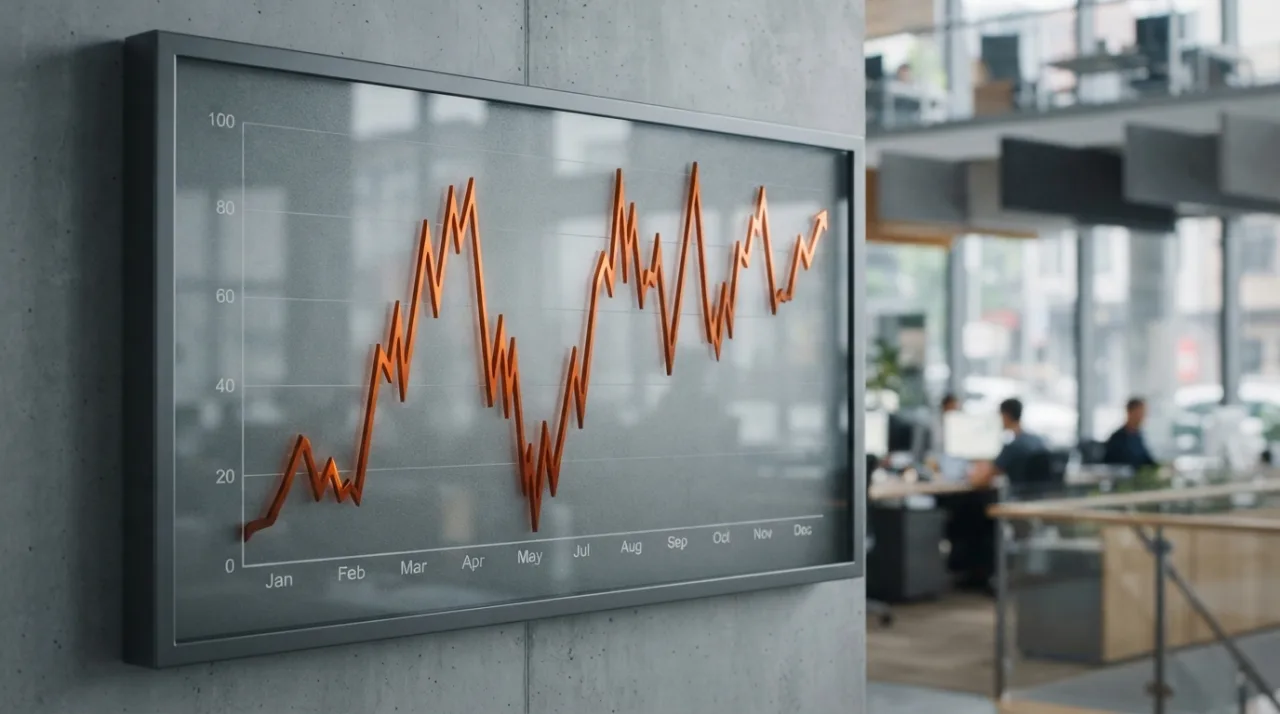 Ilustração conceitual de um gráfico de linha volátil sobre um fundo neutro representando instabilidade econômica, design moderno e sóbrio para portal de notícias.