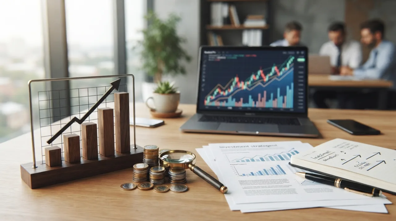 Ilustração focada em planejamento financeiro, mostrando um gráfico de barras crescendo ao lado de moedas e papéis de investimento sobre uma mesa de escritório limpa e moderna, com