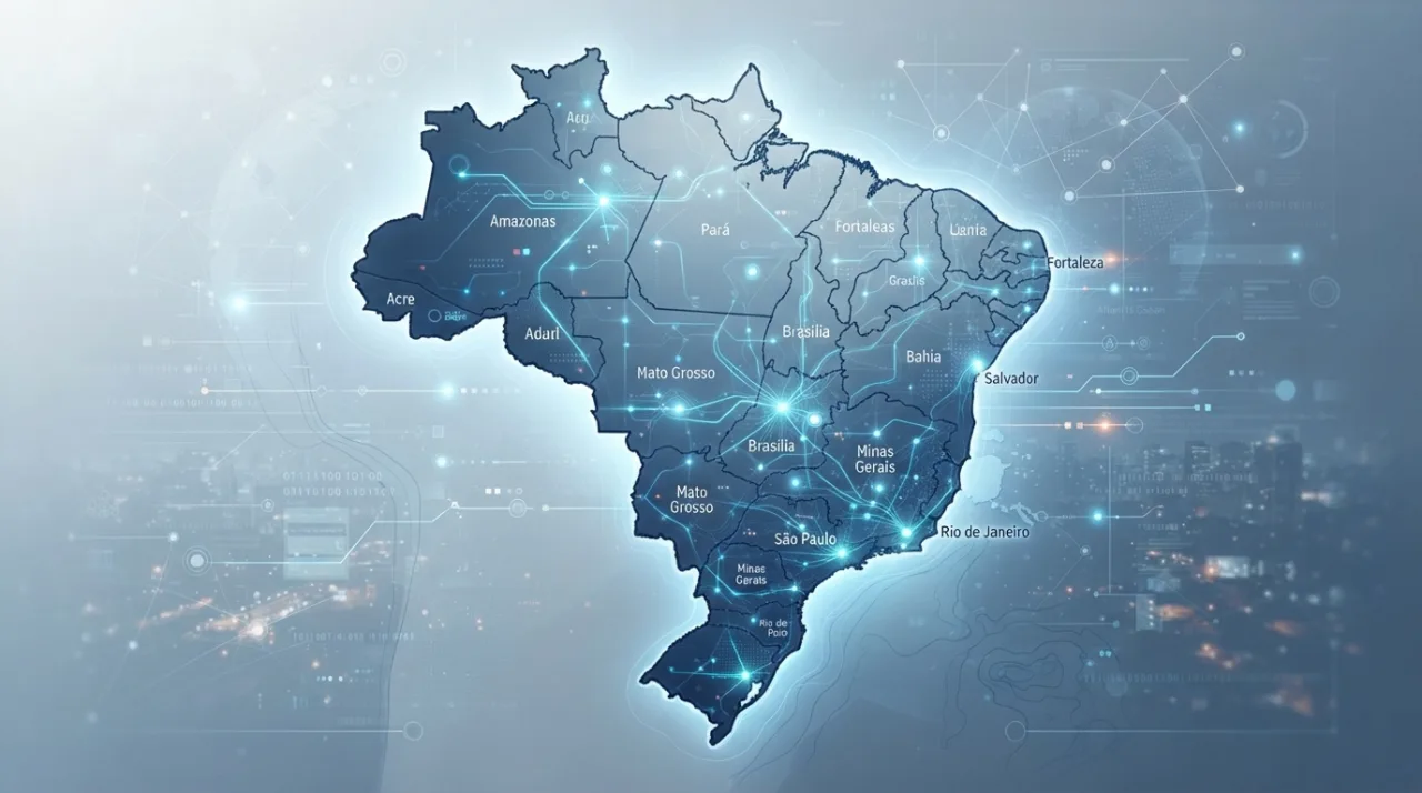 Ilustração moderna e limpa de um mapa do Brasil com elementos gráficos digitais de conexão e dados, tons de azul e cinza, estilo jornalismo de tecnologia, alta definição, sem texto