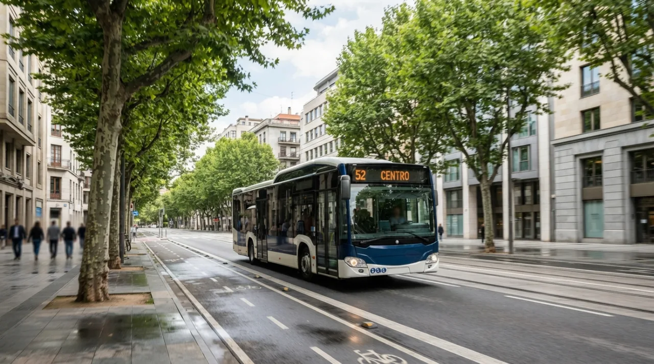 Ilustração plana e moderna mostrando um ônibus moderno em uma rua arborizada da cidade, com estilo sóbrio e profissional para portal de notícias, sem texto.