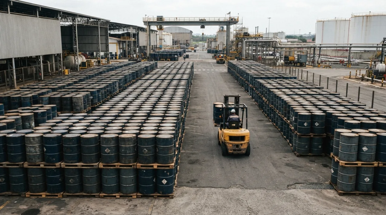 Ilustração realista e técnica de barréis de petróleo armazenados em um centro de distribuição industrial, com iluminação sóbria e tons de óleo e metal, foco na infraestrutura de su