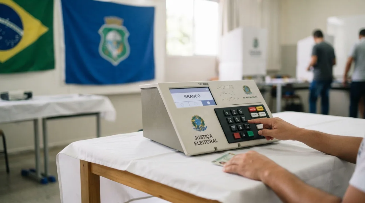 Imagem conceitual de uma urna eletrônica brasileira com uma bandeira do estado do Ceará ao fundo, iluminação sóbria e profissional, foco em transparência democrática.