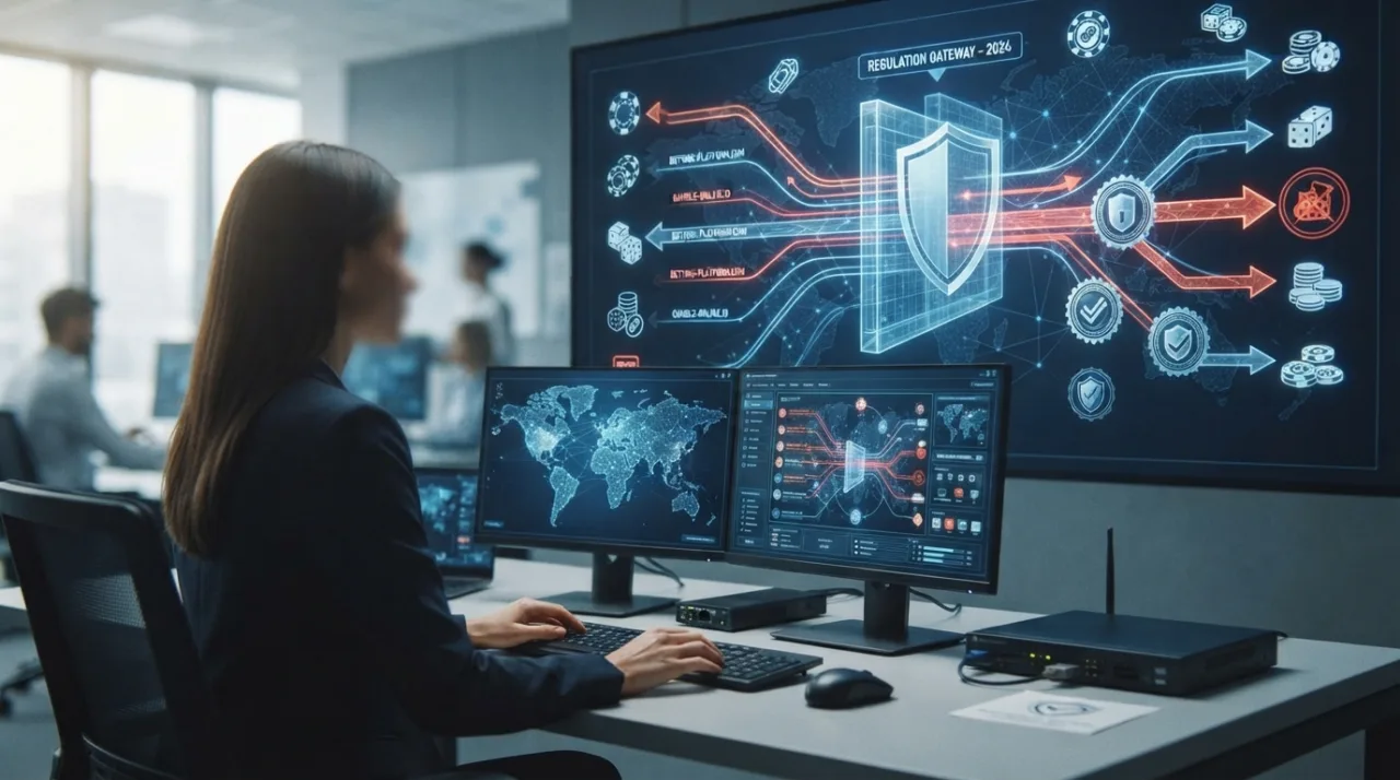 Imagem conceitual realista e sóbria representando a regulação de apostas online, com elementos digitais sendo bloqueados, em tons de azul e cinza, foco em tecnologia e segurança ju