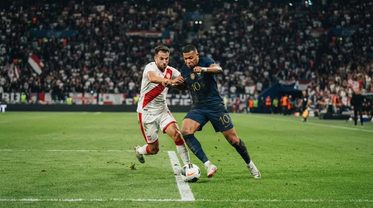 Jogadores de futebol em uma partida profissional de alto nível, estádio lotado com gramado impecável sob luz de refletores, foco na intensidade do jogo.
