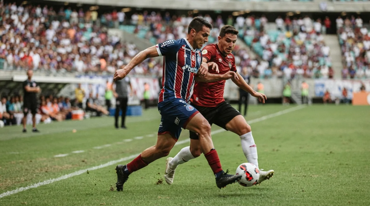 Jogadores de futebol profissionais uniformizados com camisas tricolores em um estádio de grama verde, foco na dinâmica de jogo e intensidade atlética.