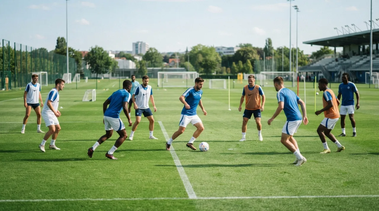 Jogadores de futebol profissional em treino tático em campo com gramado bem cuidado sob iluminação diurna clara.