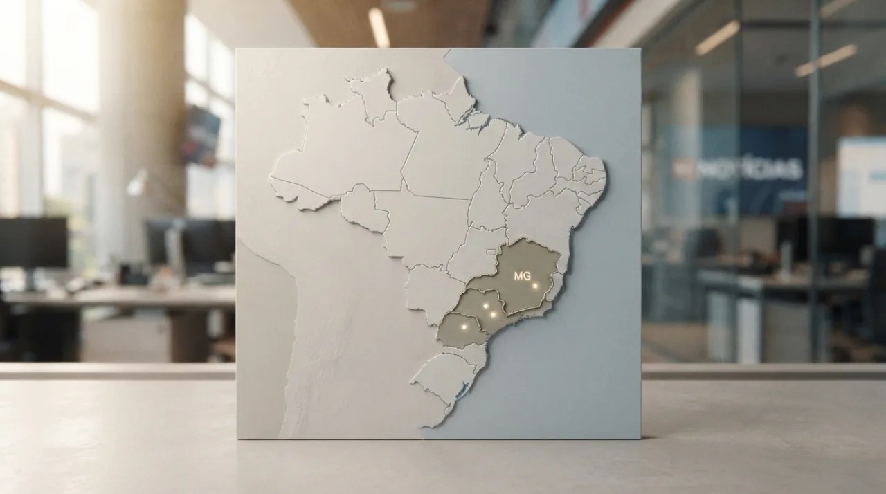 Mapa do Brasil estilizado com destaque para os estados de São Paulo e Minas Gerais em tons neutros, fundo limpo de notícias, design profissional, minimalista e informativo.