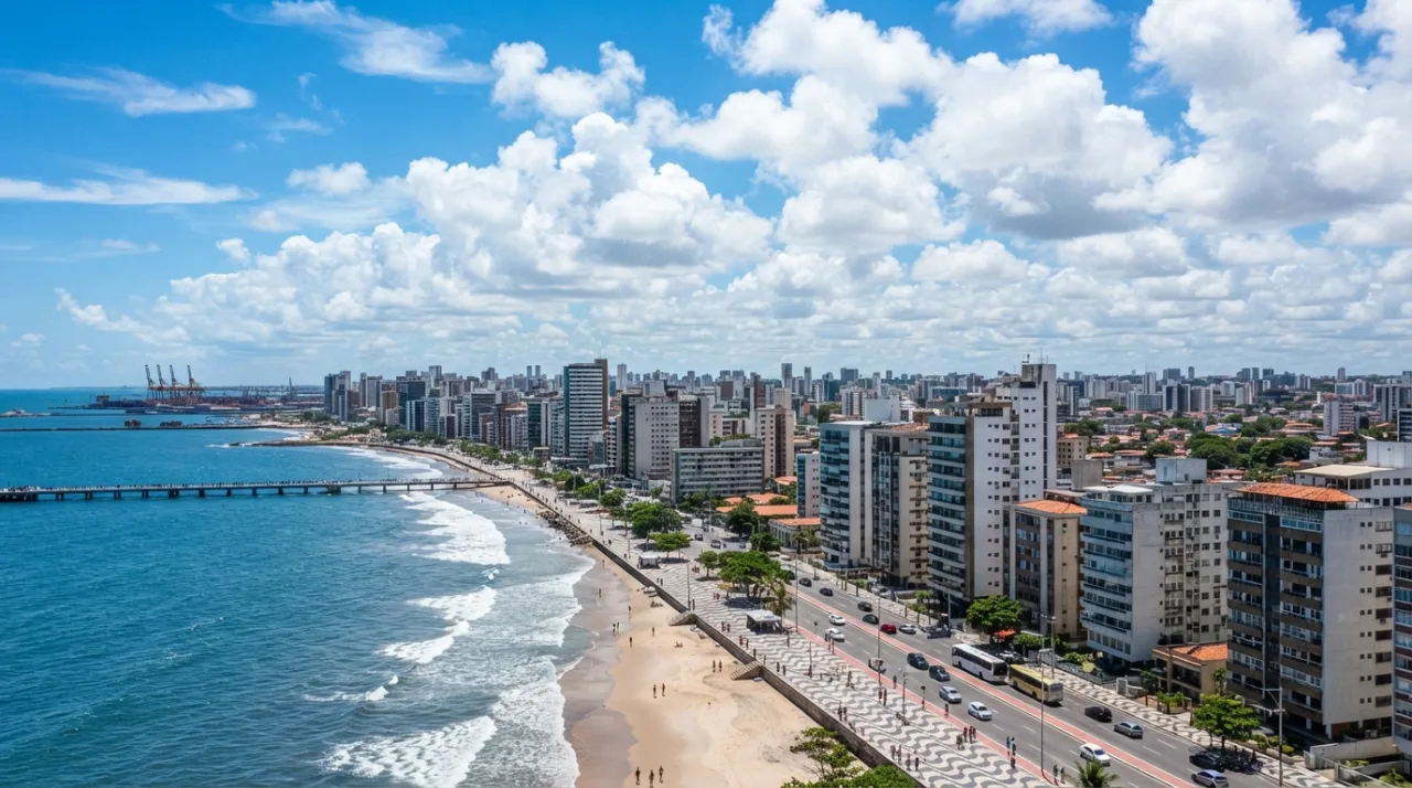 Paisagem urbana de Fortaleza com céu azul e muitas nuvens brancas, luminosidade natural de dia ensolarado, estilo fotografia jornalística de alta resolução.