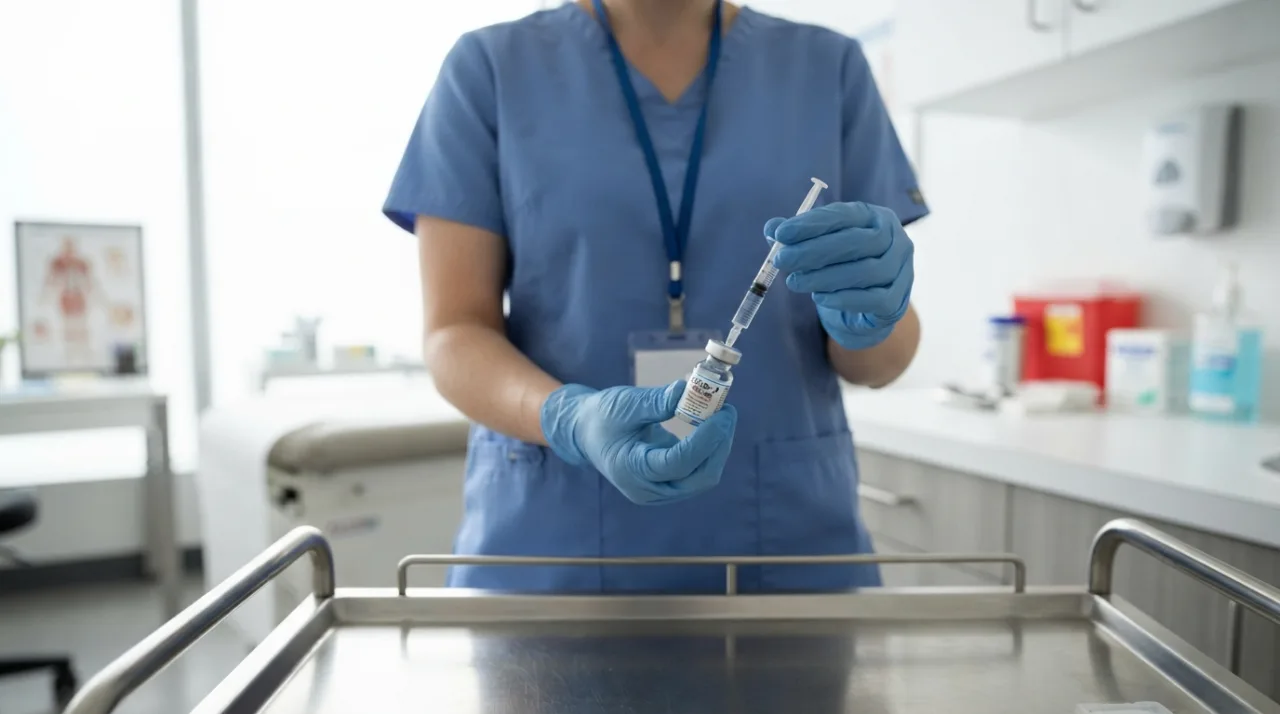 Profissional de saúde segurando uma seringa com vacina em um consultório clínico moderno, ambiente iluminado e profissional, foco na área da saúde e prevenção, sem pessoas identifi