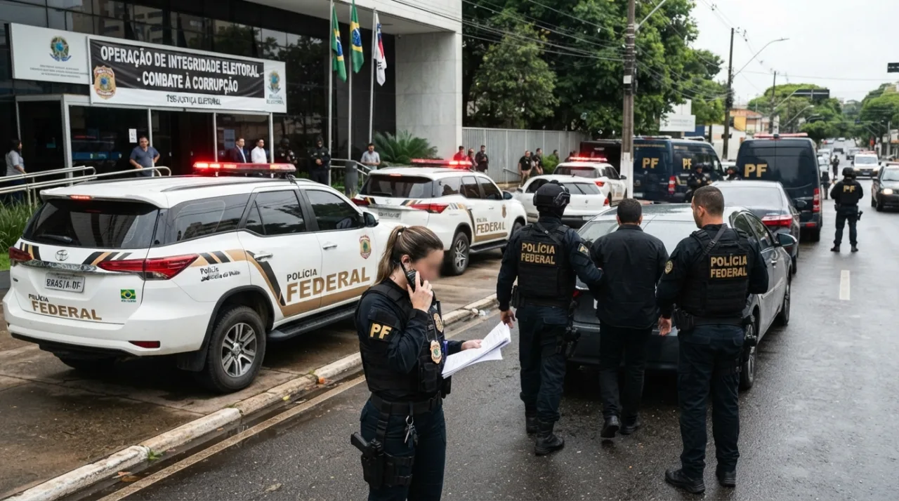 Representação de uma operação policial de combate à corrupção com viaturas e agentes em atividade, foco em conceito de legalidade e integridade eleitoral, estilo jornalístico profi