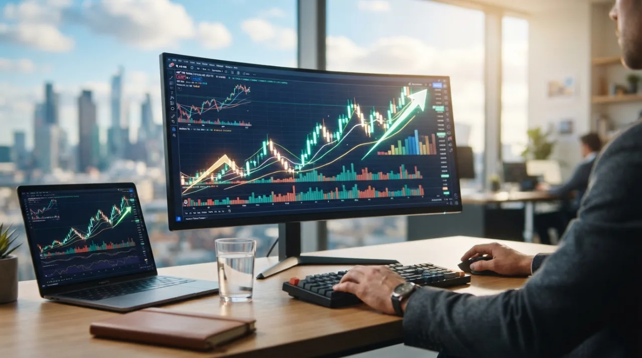 Representação visual de gráficos financeiros ascendentes e tela de trading em fundo abstrato com tons de azul e dourado, transmitindo otimismo e crescimento econômico.
