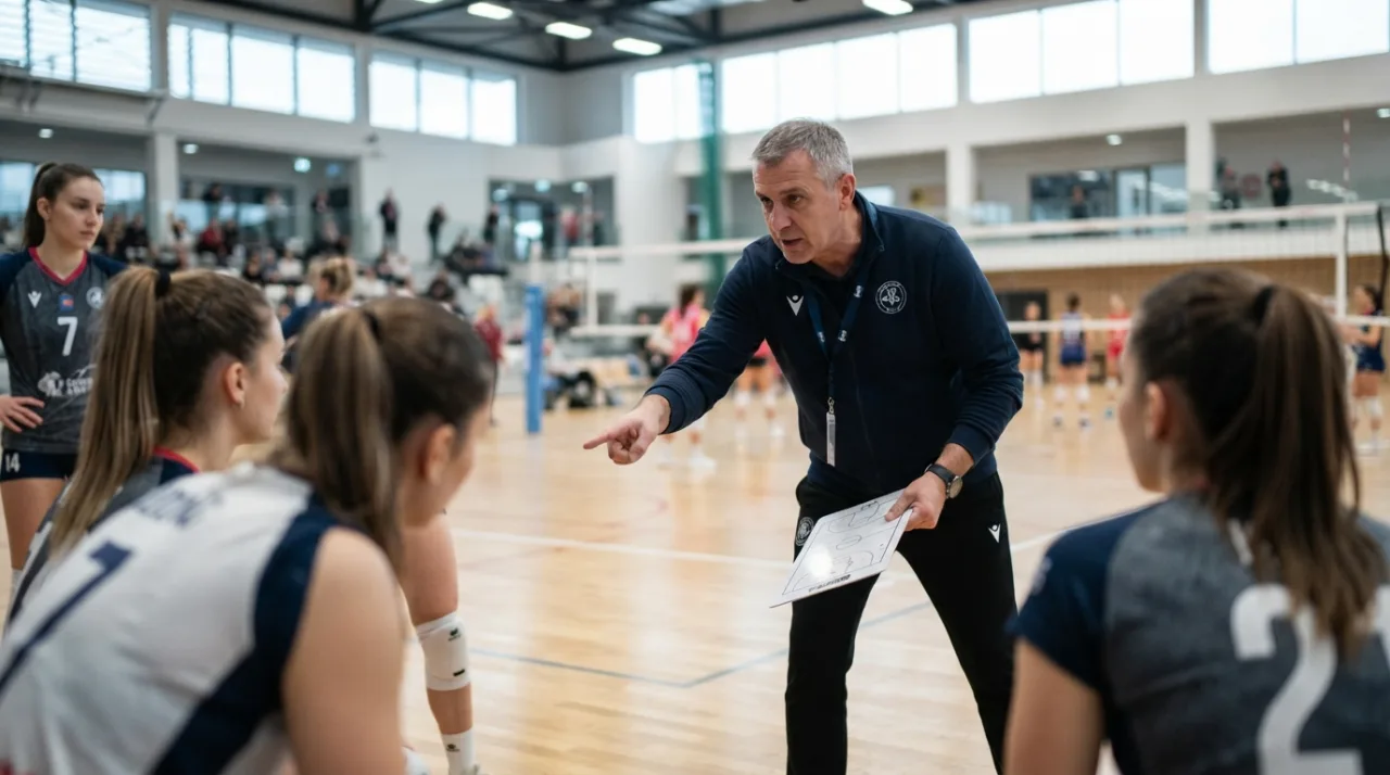 Treinador de vôlei profissional em quadra esportiva, ambiente de ginásio moderno, iluminação intensa, foco em gesto de instrução tática, estilo jornalístico.
