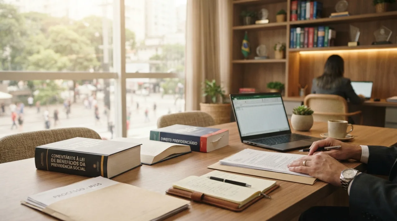 Um escritório de advocacia moderno com livros de leis e documentos previdenciários sobre a mesa, foco em um ambiente profissional e acolhedor, luz natural.