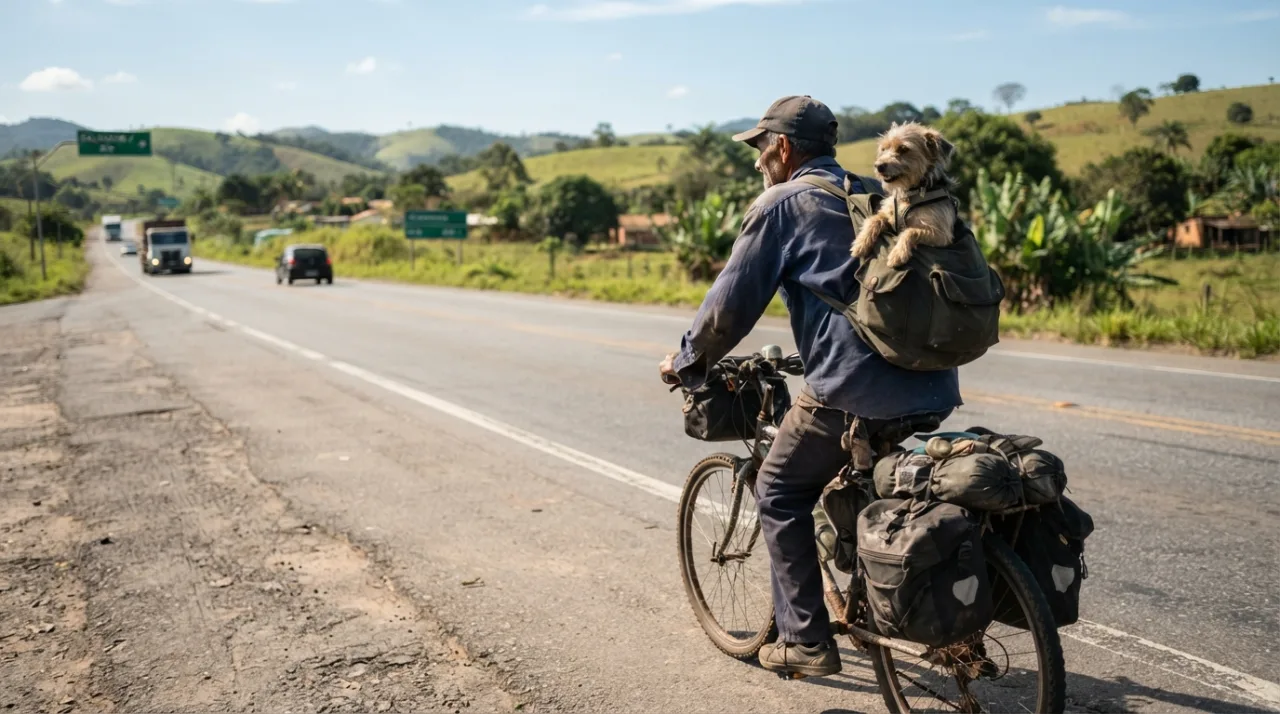 Um homem humilde viajando de bicicleta em uma rodovia brasileira, com uma pequena cachorra acomodada em uma mochila nas suas costas, cenário de estrada ensolarada, estilo realista.
