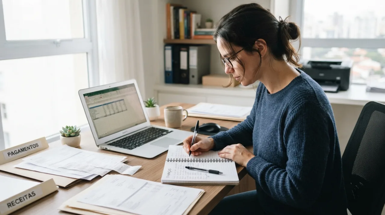 Um microempreendedor focado organizando finanças em uma mesa com computador, cadernos de anotações e documentos financeiros, ambiente de trabalho limpo e profissional, iluminação n