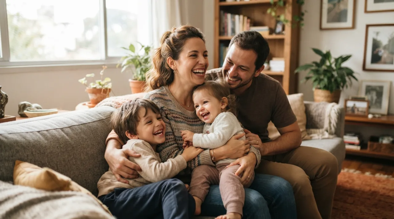 Uma cena emocionante de uma mulher sorridente com sua família, foco em felicidade e maternidade, ambiente iluminado e acolhedor, estilo fotográfico profissional, sem texto.