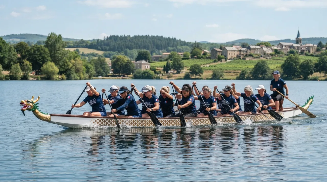 Uma equipe de mulheres remando em um barco estilo Dragon Boat em um lago calmo na França, dia ensolarado, foco em superação, esportividade e união, estilo fotojornalismo, alta defi