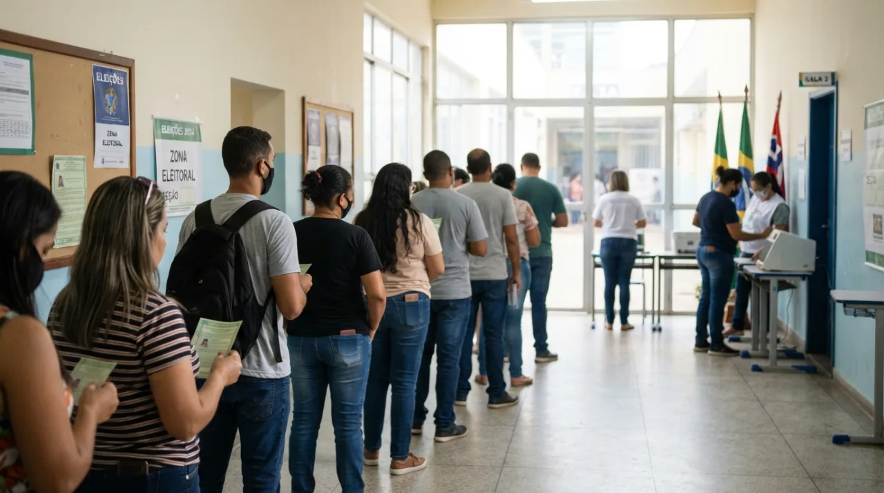 Uma fila de pessoas aguardando pacificamente para votar em um ambiente escolar iluminado por luz natural, foco em cidadania e processo democrático, estilo jornalístico profissional