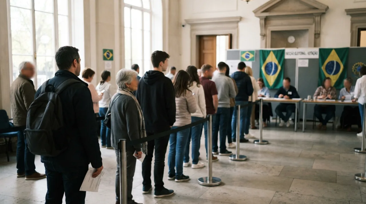 Uma fila de pessoas de diversas idades aguardando para votar em uma seção eleitoral organizada dentro de uma repartição consular, iluminação natural, foco realista e jornalístico.