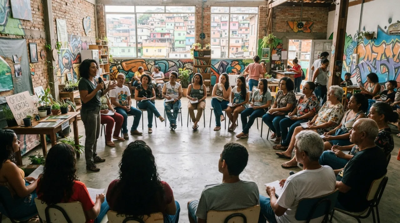 Uma foto em ângulo aberto de uma roda de conversa educativa em uma comunidade urbana, com pessoas ouvindo atentamente uma palestrante, ambiente de centro comunitário, luz natural,