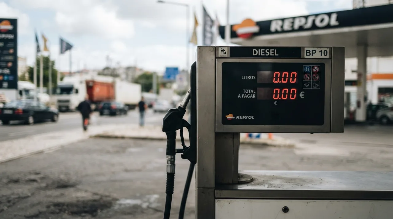 Uma foto em ângulo fechado de uma bomba de combustível em um posto de gasolina durante o dia, exibindo os valores digitais de diesel, com movimento de veículos ao fundo em ambiente
