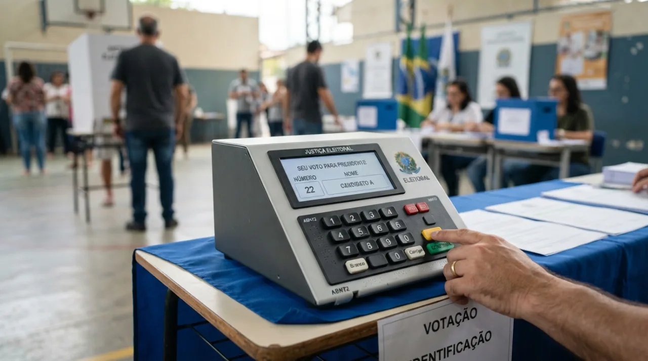 Uma fotografia realista de uma urna eletrônica brasileira focada no painel de votação, com ambiente democrático e iluminação neutra, estilo jornalístico de alta resolução.