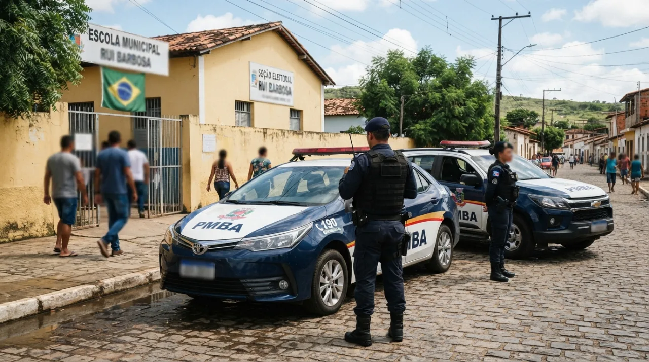 Uma imagem realista de viaturas policiais estacionadas próximas a uma seção eleitoral em uma cidade do interior do Brasil, com foco em policiamento ostensivo e ordem pública, sem m