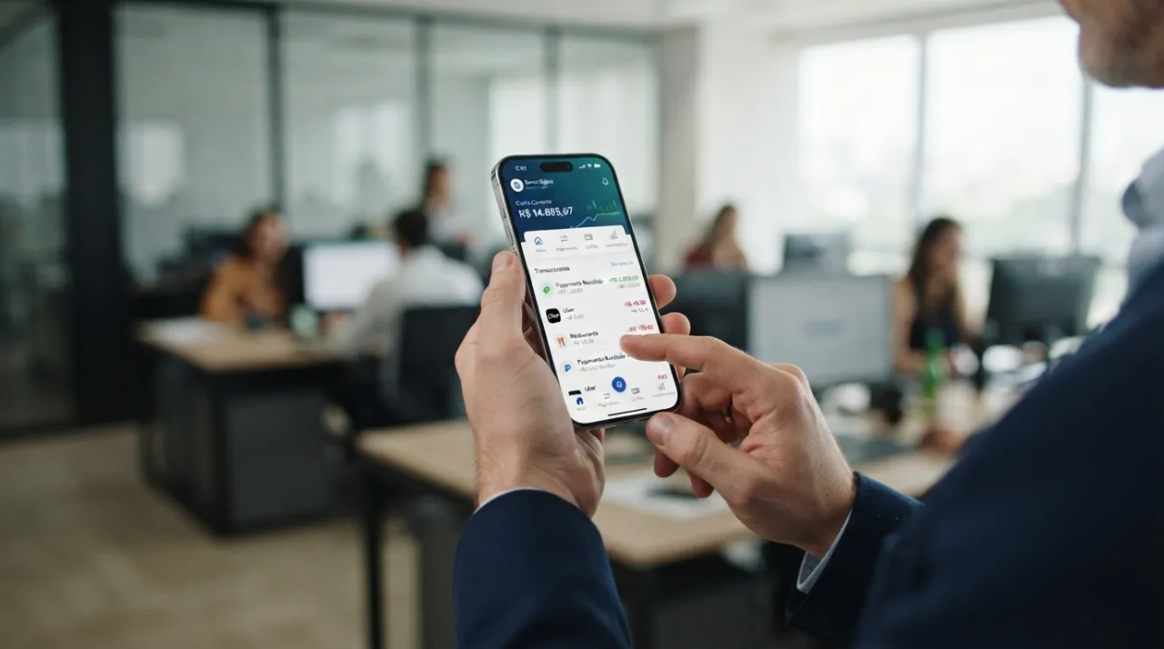 Uma imagem realista focada nas mãos de uma pessoa segurando um smartphone que exibe um aplicativo de banco, com um fundo desfocado de um ambiente corporativo ou administrativo, luz