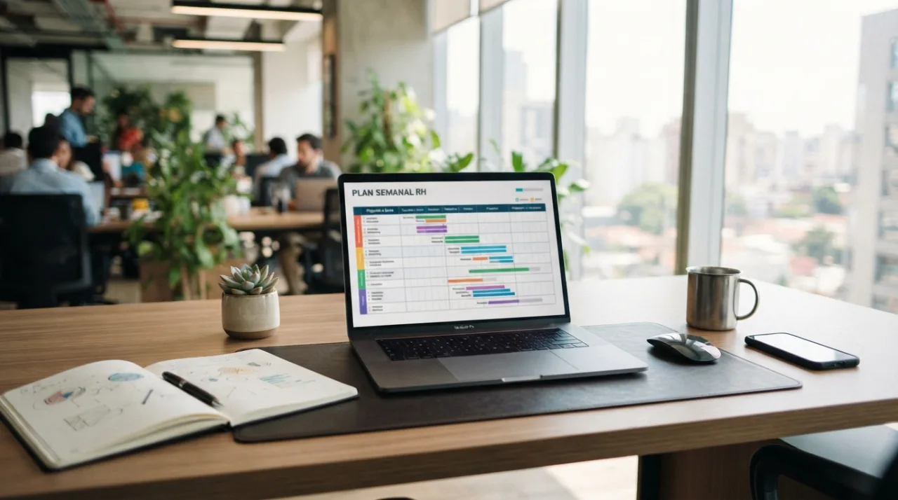 Uma mesa de escritório moderna com notebook aberto exibindo um gráfico de planejamento semanal, iluminada por luz natural, representando ambiente corporativo de gestão de recursos