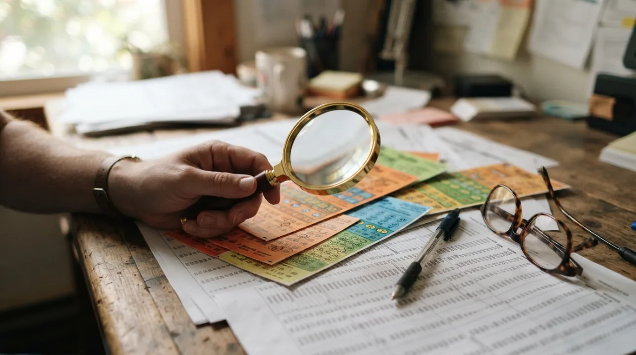 Uma mesa de madeira com bilhetes de loteria coloridos, caneta, óculos e uma lupa sobre papéis de resultados de sorteio, iluminação aconchegante de escritório, foco seletivo, estilo