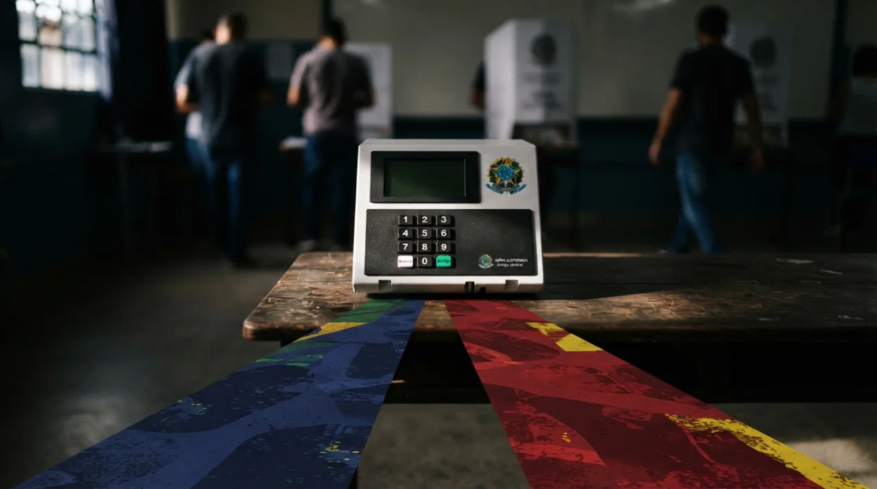 Uma representação abstrata de uma corrida eleitoral brasileira com dois caminhos distintos se convergindo para uma urna eletrônica, design sóbrio, estilo editorial informativo, ilu