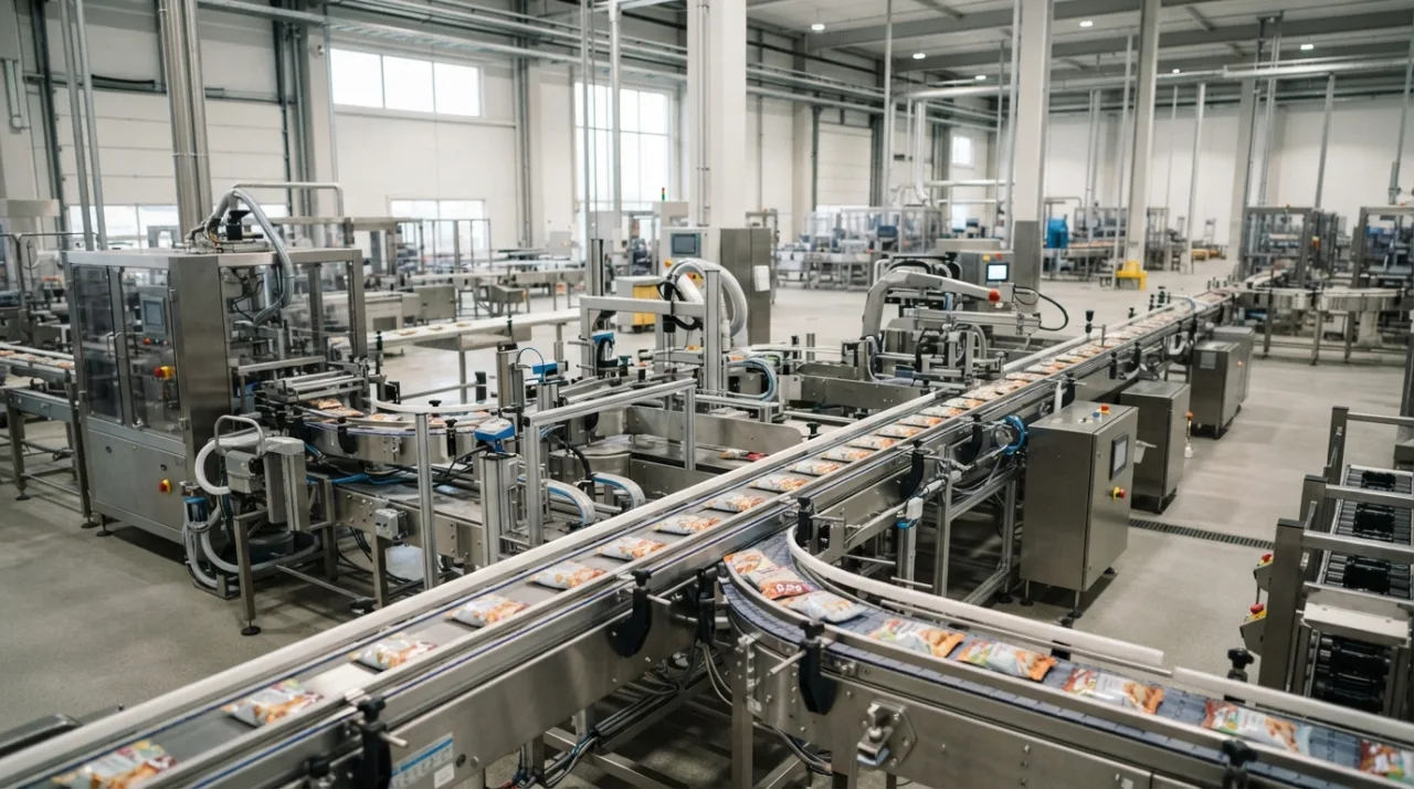 Uma representação abstrata de uma linha de produção industrial de alimentos, focando em organização fabril, luzes profissionais, ambiente limpo e tecnológico, sem pessoas, estilo f