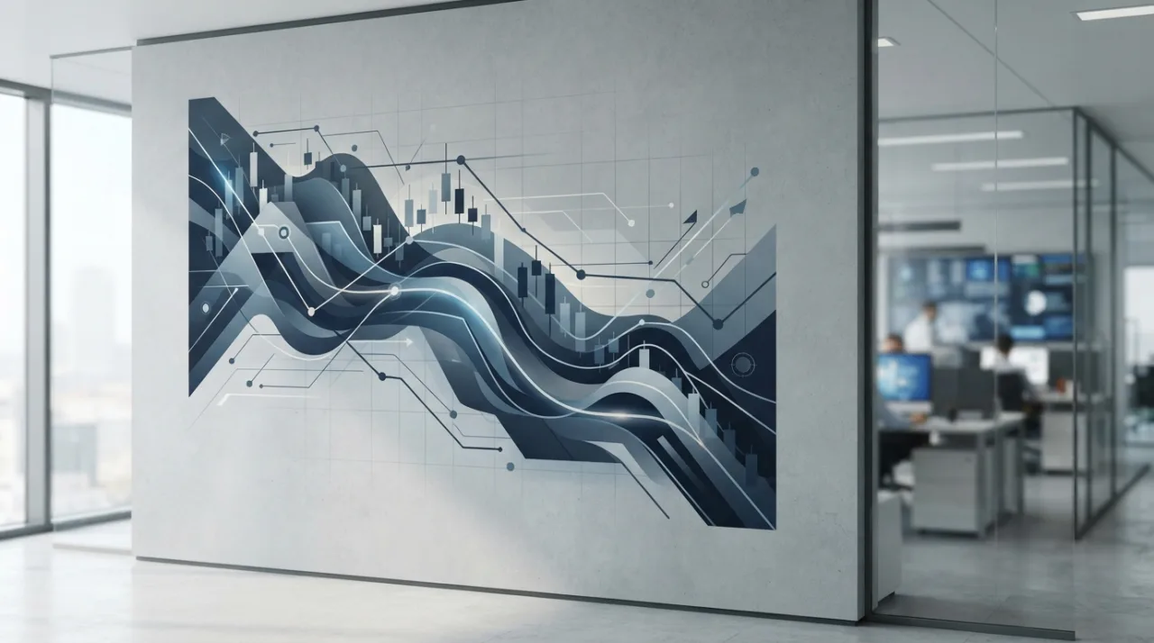 Uma representação abstrata e moderna de um gráfico de mercado financeiro em tons de azul e cinza, com linhas de tendência descendente, evocando estabilidade e análise de dados econ