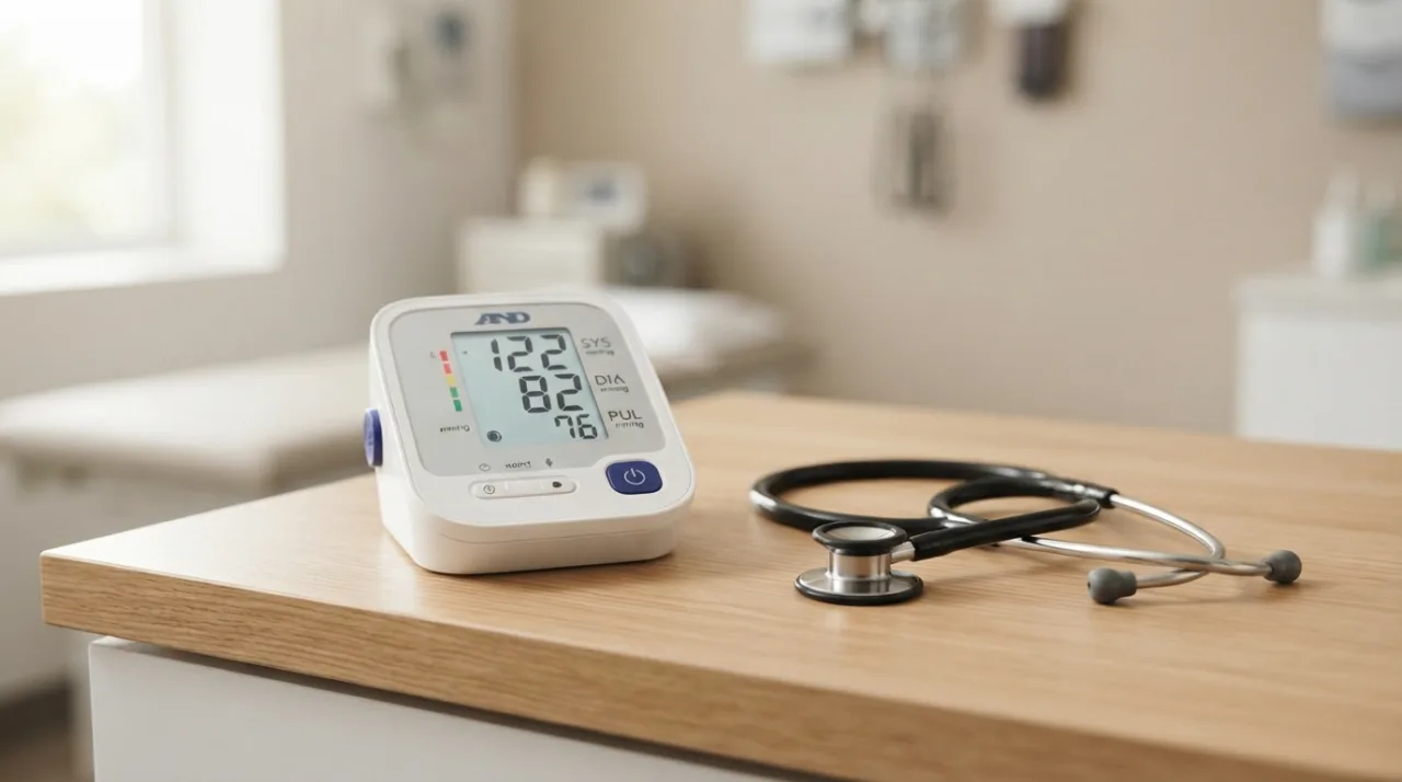Uma representação minimalista e profissional de um estetoscópio próximo a um monitor de pressão arterial digital, luz suave, fundo clean, foco em saúde e bem-estar.