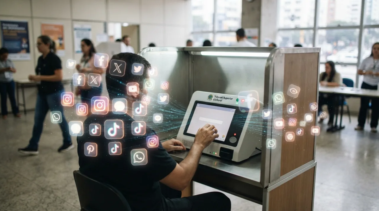 Uma representação moderna e conceitual de uma cabine de votação com ícones de redes sociais flutuando em torno dela. Estilo jornalístico limpo, iluminação profissional, foco na con