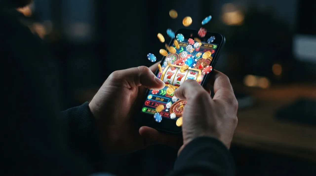 Uma representação visual abstrata sobre o vício em apostas online, mostrando um smartphone em mãos com ícones de jogos de azar e moedas virtuais, iluminação dramática, estilo edito