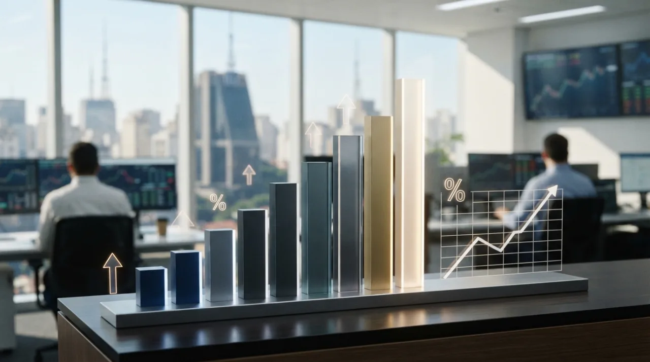 Uma representação visual moderna e minimalista de gráficos de barras ascendentes e indicadores financeiros em tons sóbrios, simbolizando o mercado econômico brasileiro, alta qualid