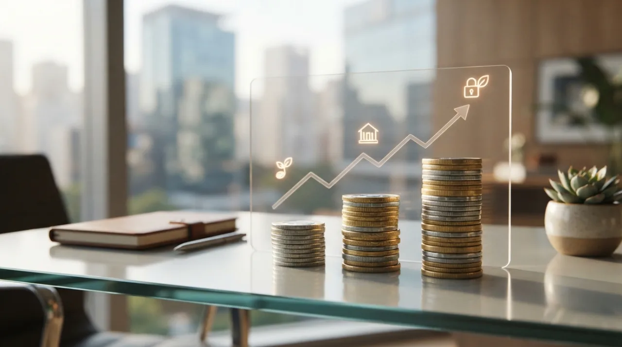 Uma representação visual moderna e minimalista de crescimento financeiro, com ícones de moedas e gráficos subindo sobre um fundo sóbrio, simbolizando segurança e planejamento a lon