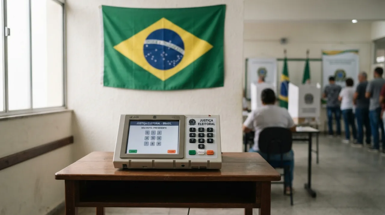 Uma urna eletrônica brasileira com uma bandeira do Brasil ao fundo, iluminação sóbria e institucional, foco em conceito de cidadania e democracia.