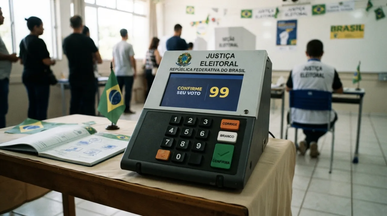 Uma urna eletrônica brasileira em destaque em uma seção eleitoral limpa e iluminada, estilo foto jornalística profissional, foco no teclado da urna, ambiente democrático e organiza