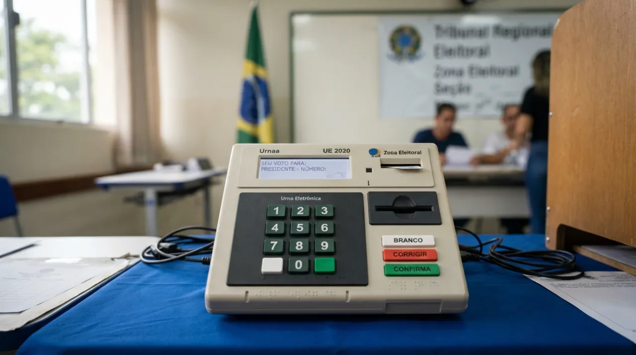 Uma urna eletrônica brasileira em destaque em uma mesa de seção eleitoral, com foco na tecnologia de votação, iluminação profissional, estilo jornalístico, fundo neutro.