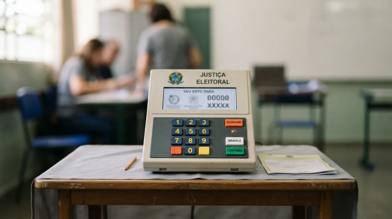 Uma urna eletrônica brasileira em destaque sobre uma mesa com um fundo neutro e desfoque, simbolizando o processo de votação e democracia, iluminação suave e profissional.