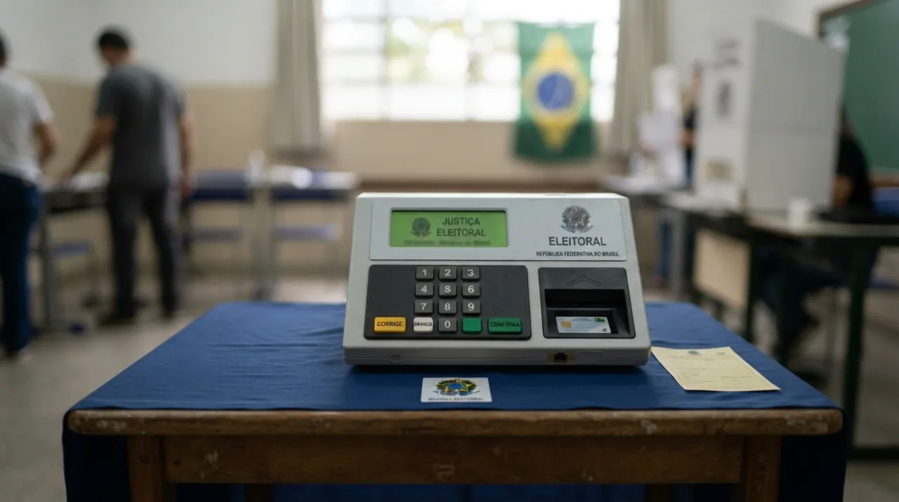 Uma urna eletrônica brasileira em destaque sobre uma mesa, com fundo levemente desfocado em tons sóbrios, simbolizando o processo eleitoral e a democracia.