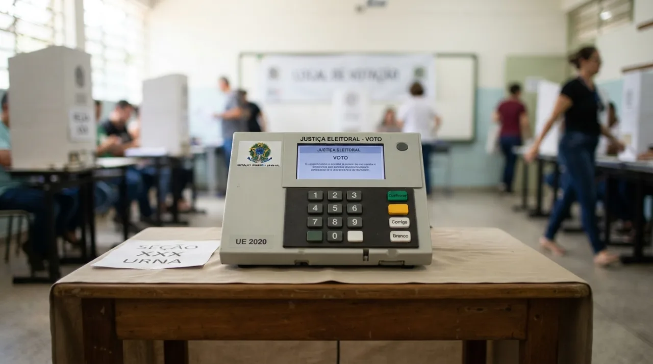 Uma urna eletrônica brasileira posicionada sobre uma mesa em uma seção de votação iluminada, foco profissional, estilo jornalístico, profundidade de campo, tons neutros.