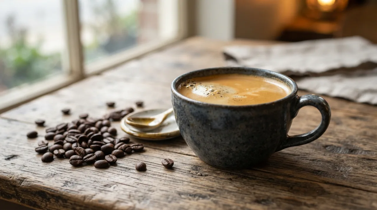 Uma xícara de café especial sobre uma mesa de madeira rústica, com grãos de café espalhados ao lado, iluminação natural suave, estilo fotográfico profissional, foco nítido na textu