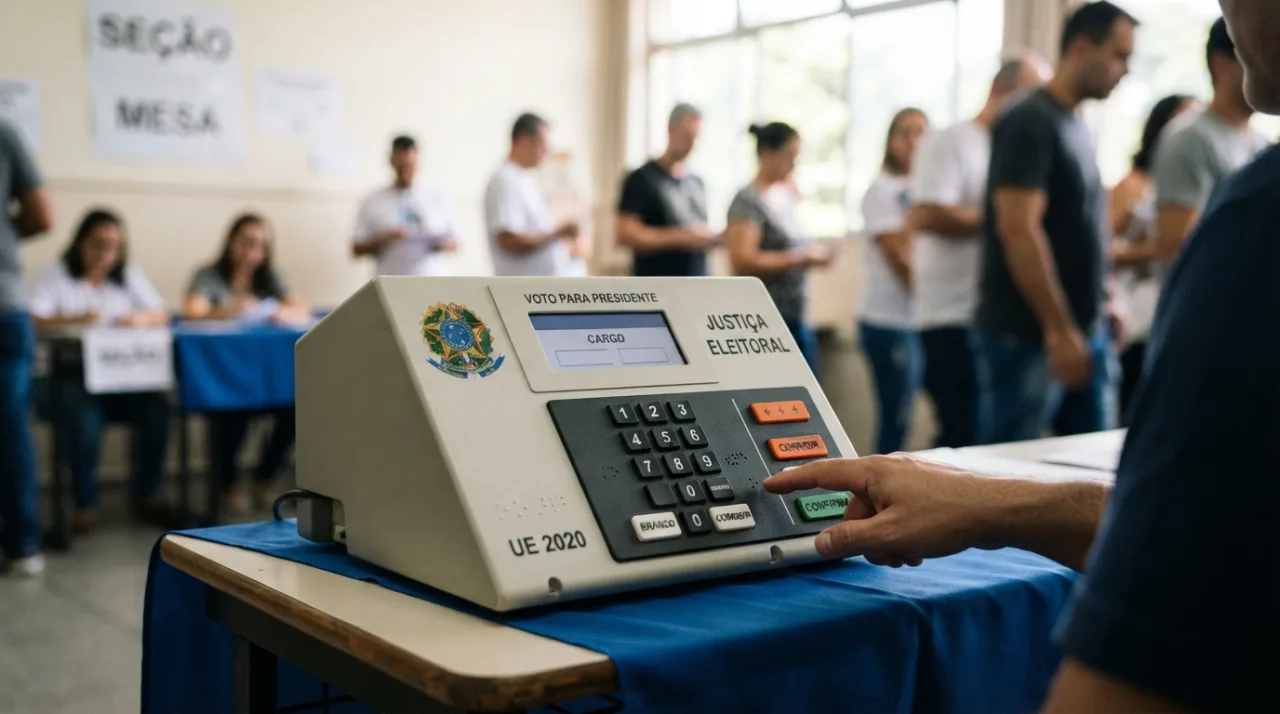 Urna eletrônica brasileira em destaque com fundo desfocado, simbolizando democracia e transparência eleitoral.