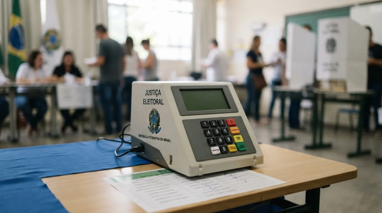 Urna eletrônica brasileira em destaque sobre uma mesa de seção eleitoral, ambiente iluminado, foco no painel da urna, fundo desfocado simulando ambiente de votação oficial.